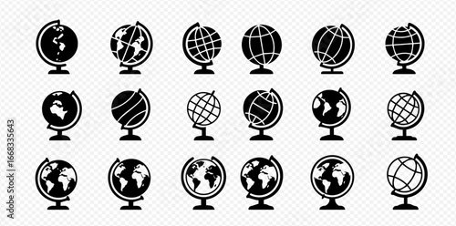 A diverse collection of eighteen minimalist black and white globe icons, featuring various designs of the Earth with continents, grid lines, and abstract patterns, on stands.