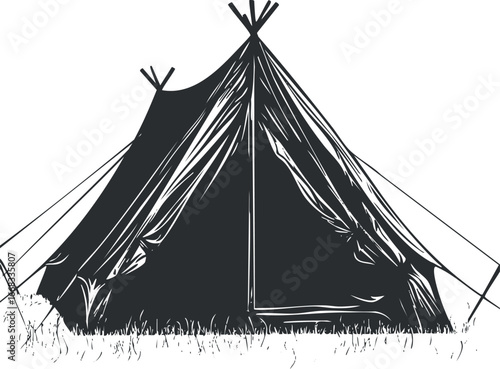 Black and white illustration of a classic outdoor camping tent set up on grass for nature adventure.