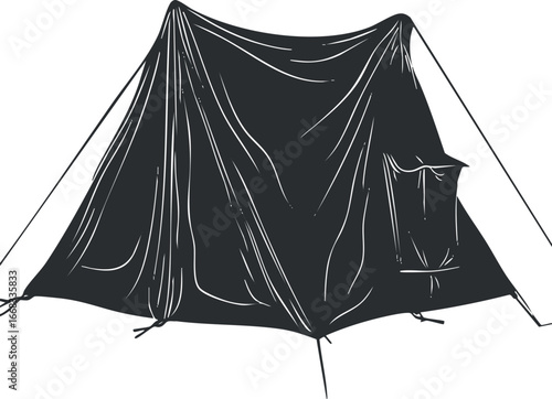 Black and white illustration of a camping tent with fabric folds and secured ropes for outdoor shelter
