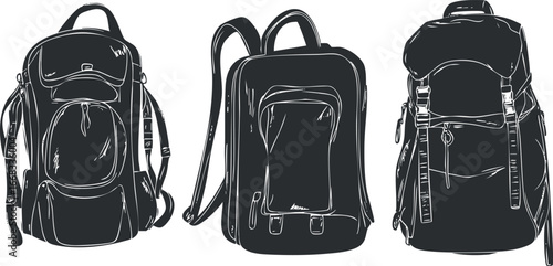 Black and white illustration of three different backpacks for travel school and outdoor use with multiple compartments and straps.
