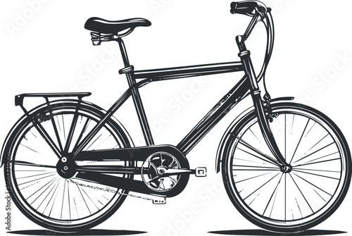 Black and white side view illustration of a classic bicycle with carrier and detailed frame design for urban commuting or leisure rides.