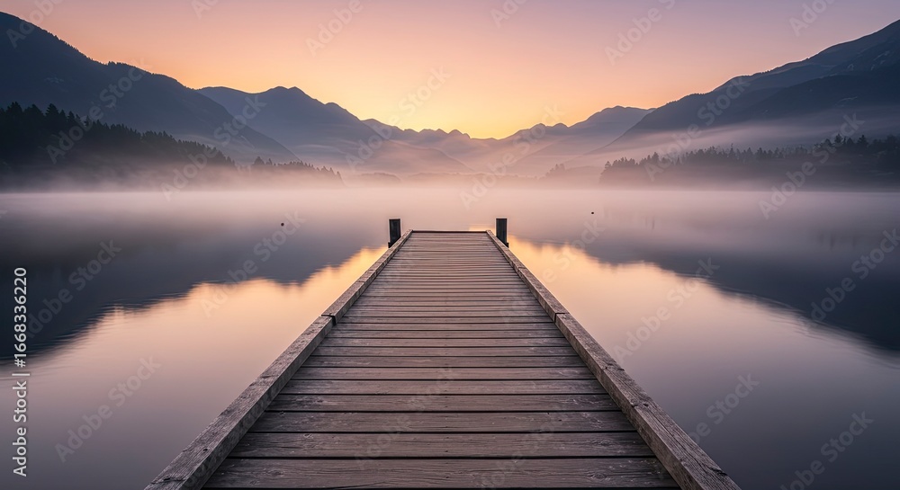 Fototapeta premium Serene Lake Sunrise: Wooden Pier Leading to Misty Mountains and Golden Sky