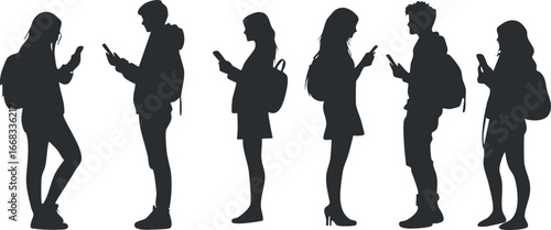 Silhouettes of six people standing and using mobile phones with backpacks in casual poses