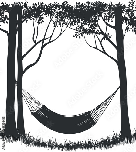 Silhouette of a hammock hanging between two trees in a peaceful outdoor natural setting with grass and leafy branches