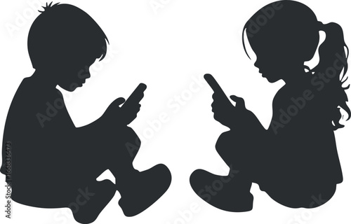 Silhouettes of a boy and girl sitting and using smartphones facing each other on white background