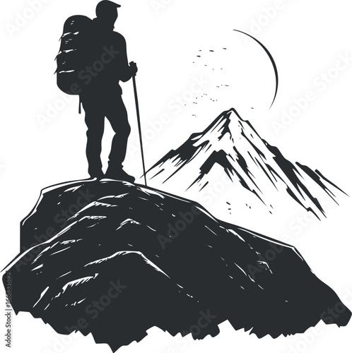 Silhouette of a hiker with backpack standing on a rock overlooking a mountain peak and birds flying in the sky