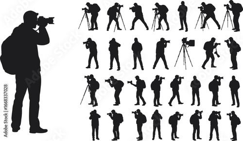 Photographer silhouette vector collection with camera and tripod, photography poses of man shooting photos, journalist reporter icon design set