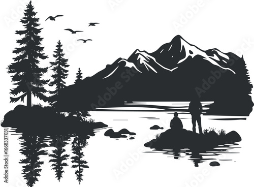 Silhouette of two people by a lake with trees and mountains reflecting in the water in a nature scene