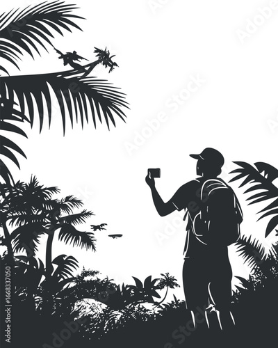 Silhouette of a tourist with a backpack taking a photo in a tropical jungle with lush vegetation and birds