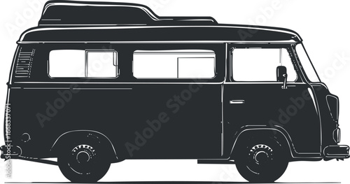 Side view illustration of a classic camper van used for travel and recreational road trips