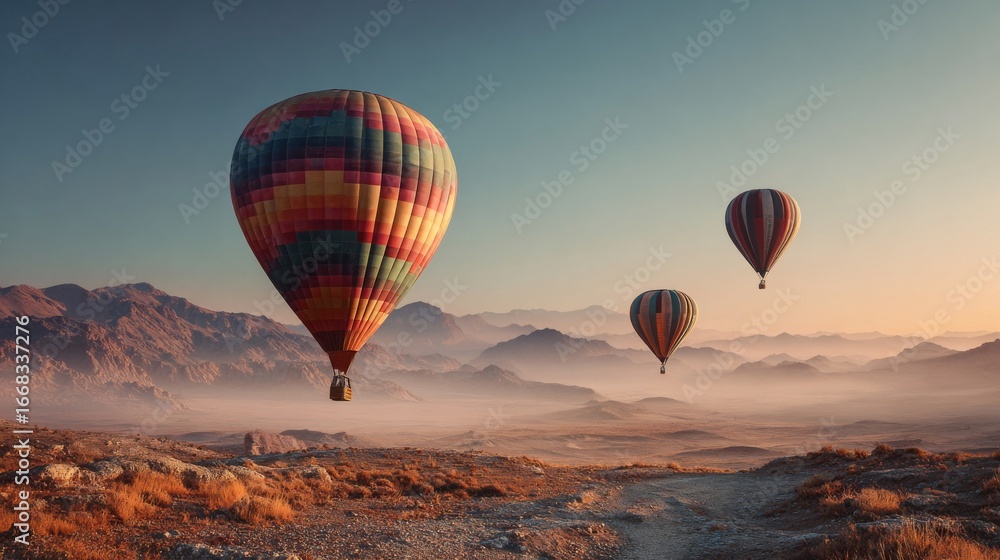 Naklejka premium Hot air balloons floating serenely over a misty desert landscape at dawn