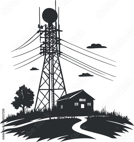 Black and white silhouette of a telecommunication tower with antenna and wires near a house in rural landscape