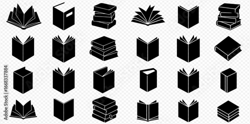 Collection of black and white book icons, including open, closed, and stacked books in various isometric views.