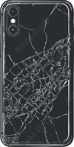 Black smartphone with a shattered and cracked glass back isolated on white background
