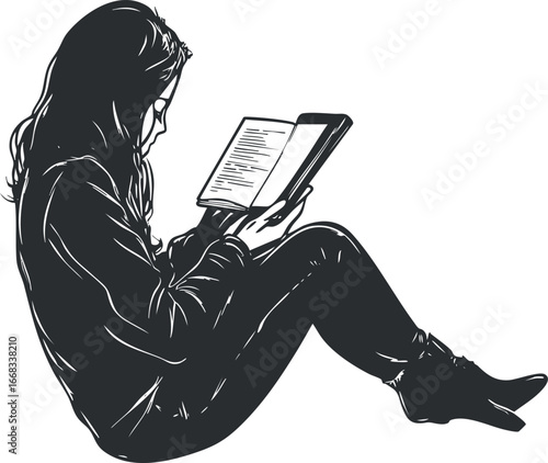 Silhouette of a young woman sitting and reading a book in a relaxed casual pose