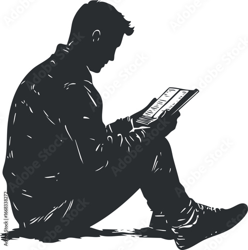 Silhouette of a man sitting and reading a book in a relaxed and casual pose