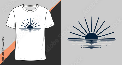 Minimalist sunset over water graphic design for apparel and print media