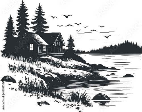Black and white illustration of a cabin by a lake surrounded by pine trees with birds flying overhead