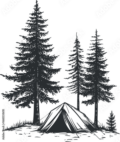 Black and white illustration of a camping tent surrounded by pine trees in a forest setting