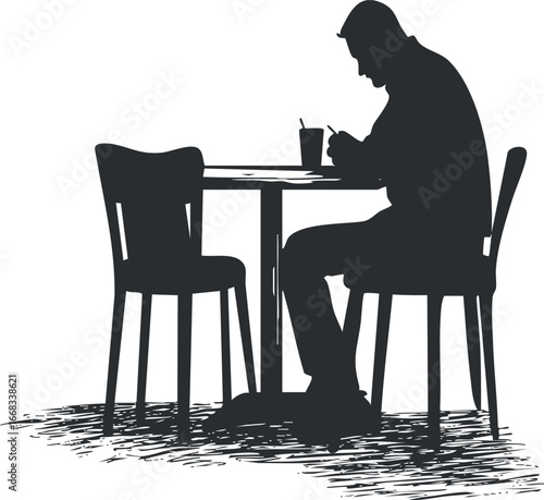 Silhouette of a man sitting alone at a table drinking and writing in a calm indoor setting