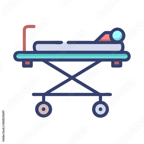 Stylized hospital gurney with patient, flat design illustration