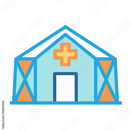 Illustrated field hospital icon with blue frame and cross