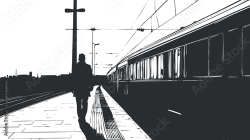 Silhouette of a person walking on a train station platform next to a train under electric wires during commute.