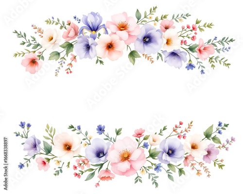 Pastel Floral Frame with Poppy, Iris, and Wildflowers, Isolated on transparent background
