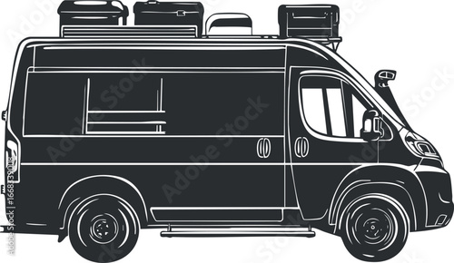 Side view illustration of a camper van with luggage on the roof for travel and road trips