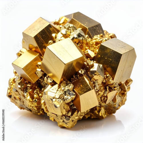 Cluster of pyrite crystals showcasing geometric shapes and textures on white background