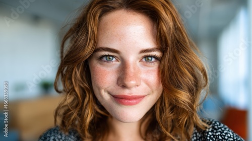 An engaging portrait of a young woman with curly hair smiling in a bright, modern space, radiating positivity and approachability in a contemporary backdrop.