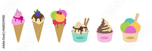 Set of various ice creams. Popsicle, waffle cones, fruit ice, sundae with nut. Sweet refreshing food, frozen dessert. Hand drawn vector illustration isolated on white background, flat cartoon style.