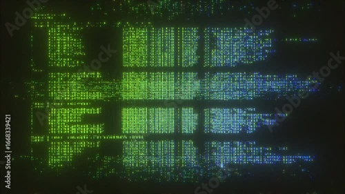 4K Green and blue digital code glitch with CRT compression artifacts and pixel breakdown for cyberpunk motion graphics, matrix-style UI overlays, dystopian tech loops
