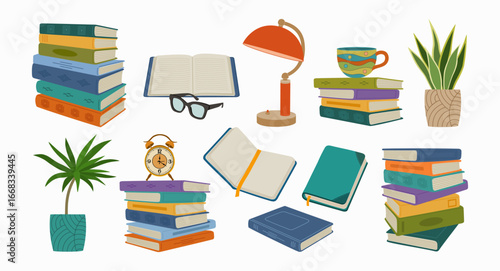 Set of books stacks, potted plant, alarm clock, mug, desk lamp, glasses. Education, library, exam, book shop. Hand drawn vector vector illustration isolated on white background, flat cartoon style.