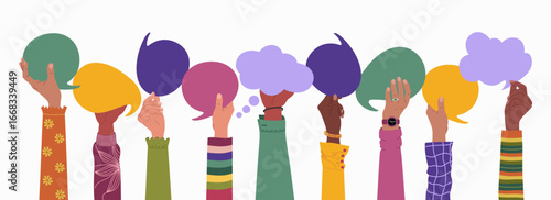 Multiracial hands holding speech bubbles, ideas exchange. Concept of teamwork, cooperation and communication. Hand drawn vector vector illustration isolated on white background, flat cartoon style.