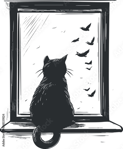 Black and white illustration of a cat sitting on a windowsill watching birds flying outside