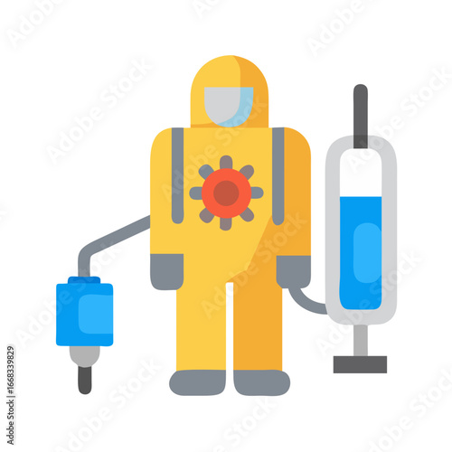 Hazmat suit vaccine injection flat illustration on black background
