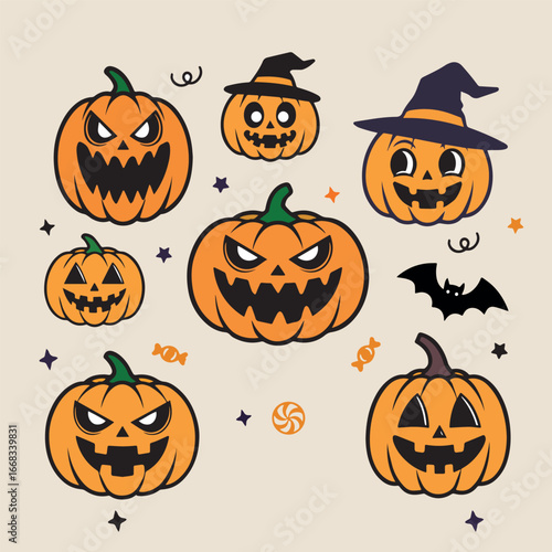 Set of  halloween ghosts. Halloween scary spirits with pumpkins in different poses. Halloween ghosts isolated flat vector illustrations.