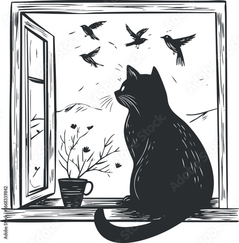 Black and white illustration of a cat sitting on a windowsill watching birds fly outside with a mug and flowers nearby