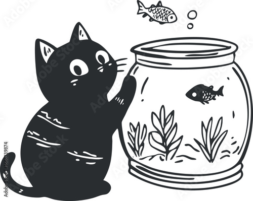 Black cat curiously watching fish swimming inside a fishbowl with aquatic plants and bubbles