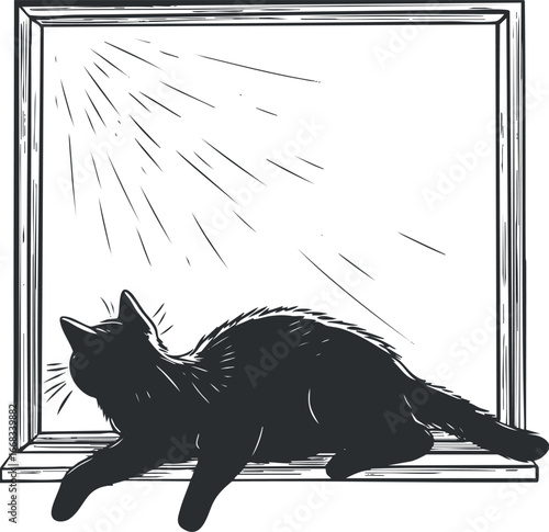 Black cat silhouette resting on a windowsill with sunlight streaming through the window