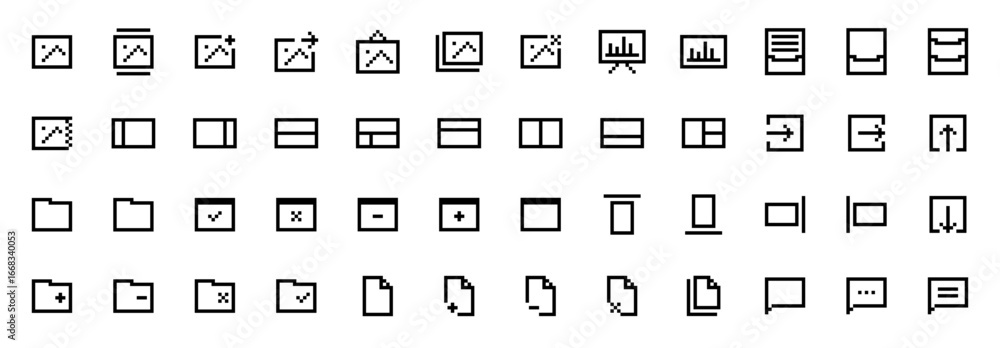Pixel Art User Interface Icon Set for Web and App Design, Minimal Black Outline Vector Symbols for UI UX Dashboard and Digital Tools