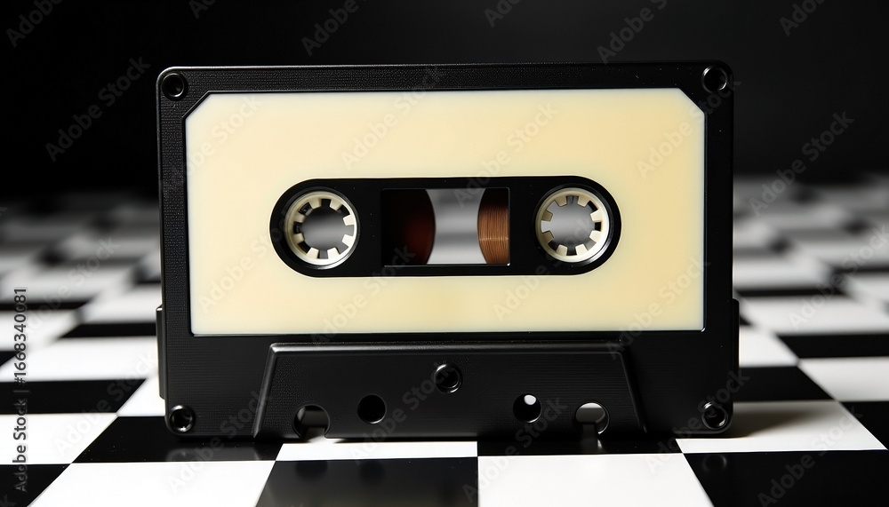 Obraz premium Vintage audio cassette standing upright on checkered surface. Retro music and nostalgia content for world music day and cassette revival campaigns. Sharing knowledge and retro vibes