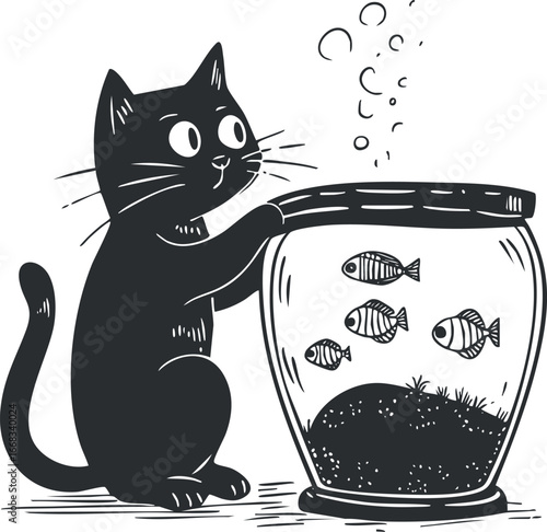 Illustration of a curious black cat looking at fish swimming inside a fishbowl with bubbles