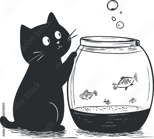 Black cartoon cat sitting and curiously watching fish swimming in a glass fishbowl with bubbles