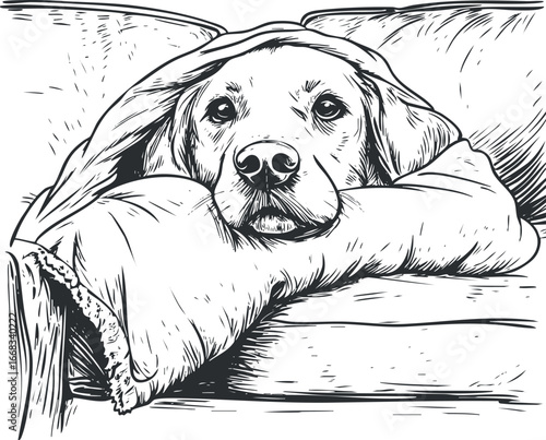 Black and white sketch of a dog resting on a couch covered with a blanket, showing comfort and relaxation.