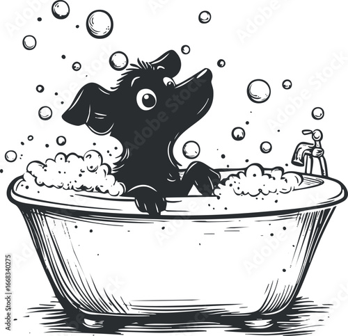 Black and white illustration of a dog enjoying a bubble bath in a bathtub with bubbles floating around.