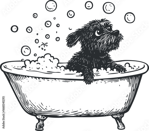 Black and white sketch of a cute dog taking a bubble bath in a vintage bathtub with soap bubbles