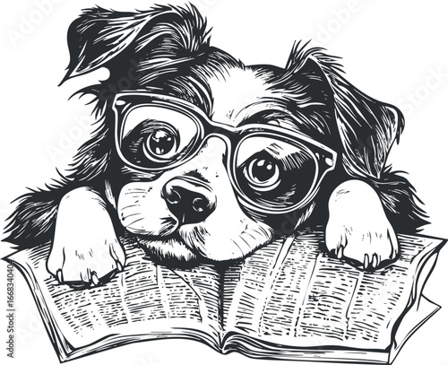 Black and white illustration of a cute dog wearing glasses resting on an open book