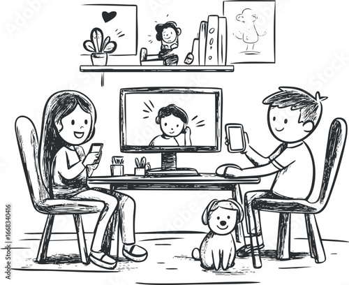 Black and white illustration of a man and woman video calling a person on a computer screen with a dog sitting nearby in a home setting.